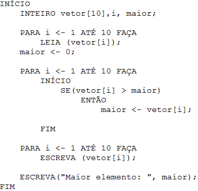 Algoritmo que retorna o maior número dentro de um vetor de números inteiros  no portugol Studio 